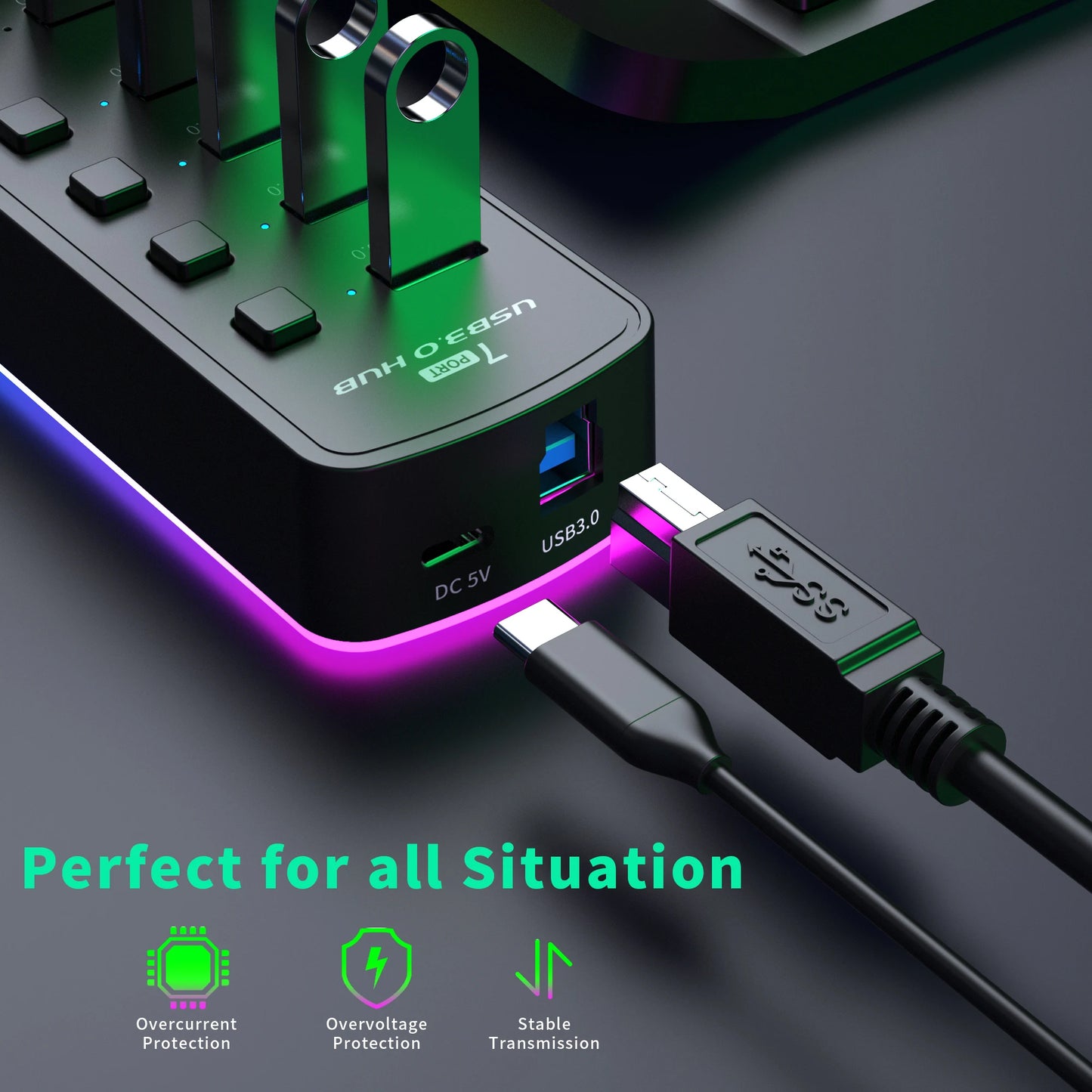 Hub USB 3.0 RGB de 7 Puertos con Interruptores Independientes