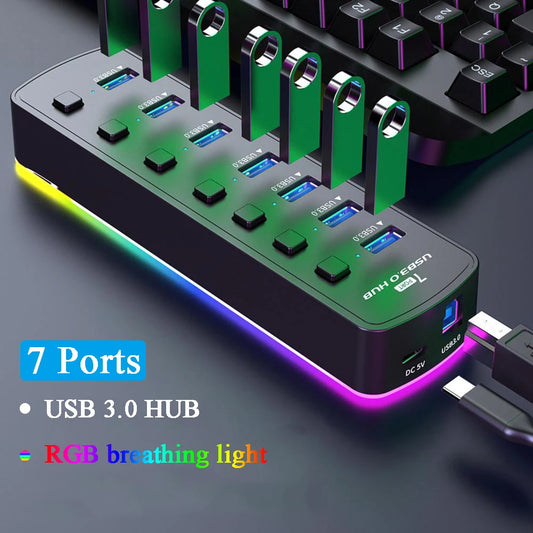 Hub USB 3.0 RGB de 7 Puertos con Interruptores Independientes