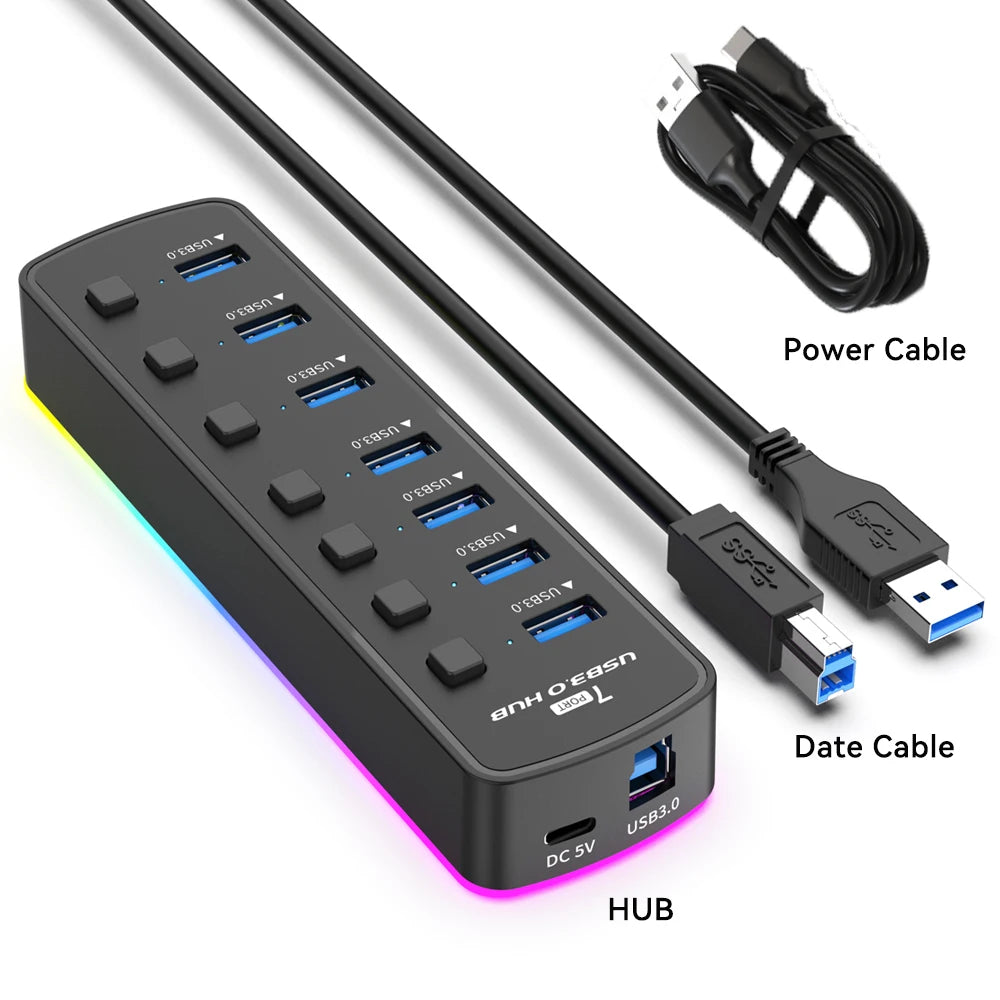 Hub USB 3.0 RGB de 7 Puertos con Interruptores Independientes