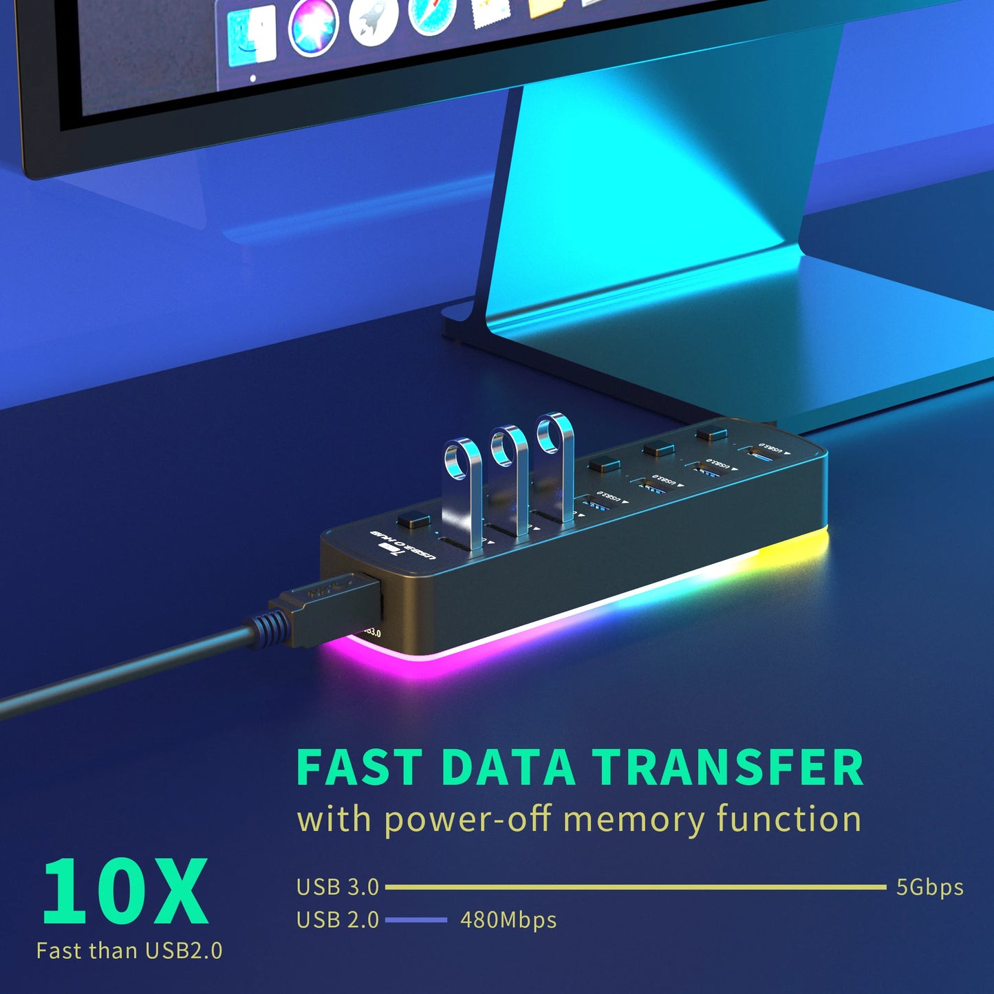 Hub USB 3.0 RGB de 7 Puertos con Interruptores Independientes